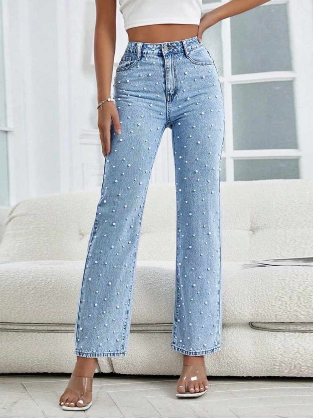 Light Blue High-Waist Pearl-Embellished Jeans - Women